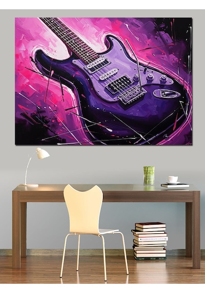 Ahşap Tablo Mor Işıklı Modern Elektro Gitar Obje Tabloları