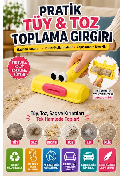 Hazneli Tekrar Kullanılabilir Tüy Toz Saç Toplama Gırgırı Yapışkansız Kumaş Temizlik Rulosu Ev Tipi Sarı