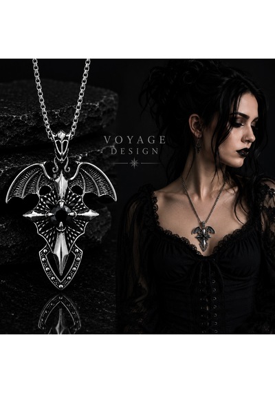 Paslanmaz Çelik Siyah Zirkon Taşlı Melek Kanat Stil Gotik Kadın Kolye Gümüş - Siyah