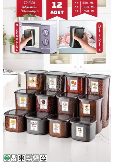 Nandy Home Etiketli Ekonomik Kırılmaz Saklama Kabı Seti Antrasit 12'li 1.75 - 1.2 - 0.55 L Antrasit