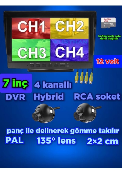 2 Adet 2 2 Cm Mini Kamera Ve 7 İnç Dvr Monitör 12 Volt 256 Gb
