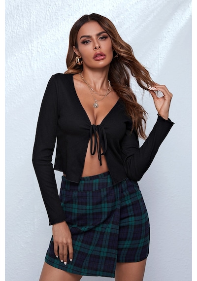 Fantezia Night Kadın Beyaz Uzun Kollu Önden Bağlama Detaylı Crop Top Bluz siyah