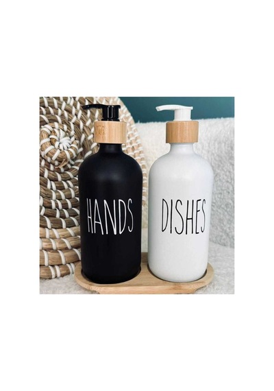 Buççin Online Mağaza 2 Li Hands Dishes Siyah Beyaz Dekoratif Mutfak Banyo Sıvı Cam Sabunluk Seti 500ml Bambu Stantlı Set Çok Renkli