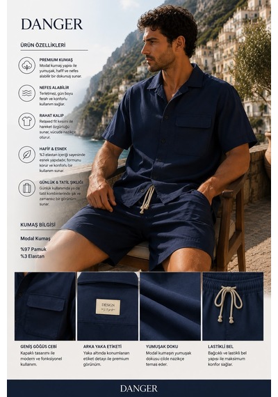 Erkek Premium Kumaş Modal Şort Slim Fit Takım Lacivert 2018dngr