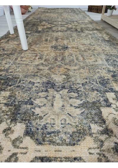 Eskitme Madalyon Desenli Hardal Ve Lacivert Vintage Salon Halısı - 4113ou