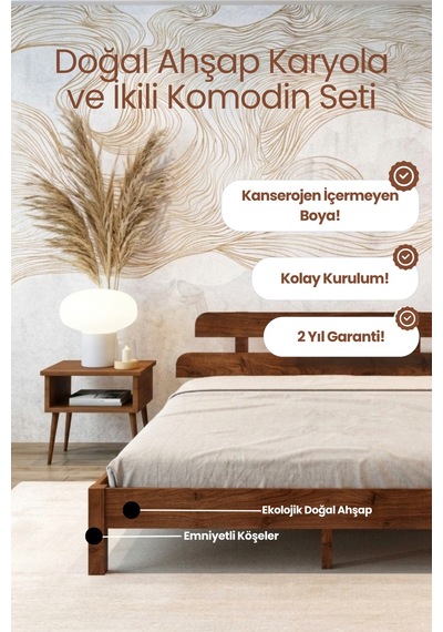 Renazzo Lotus Masif Ahşap Karyola Ve 2 Adet Komodin Ceviz 180x200 Ceviz - 180 X 200