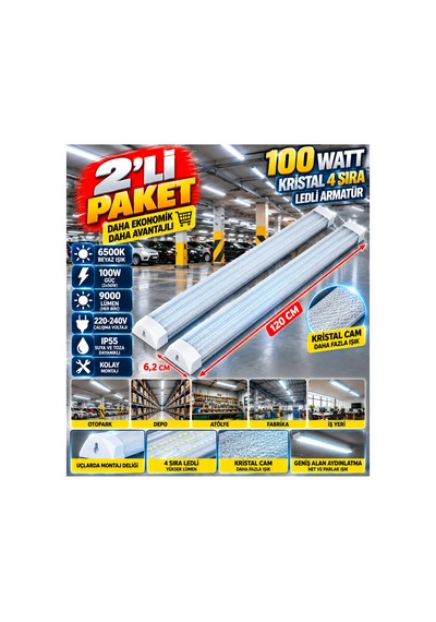 2 Li Paket 100 Watt 4 Sira Led Kristal Plastik Armatür, 120 Cm, Ofis Ve Fabrikada Beyaz - 939568177 Beyaz