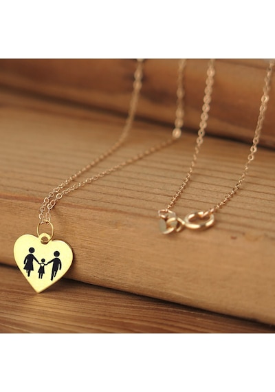 Archin Aile Temalı Kalp Motifli Zincirli 14 Ayar Altın Plakalı Hediyelik Kolye-352sembol Aile