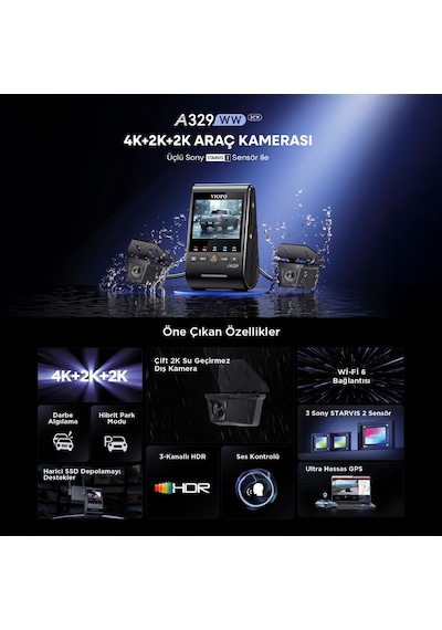 Viofo A329ww 3 Kanal 4k Tır Ve Kamyon Araç Kamerası Ön 4k + Çift 2k Hdr Su Geçirmez Arka Kamera, Sony Starvıs 2 Sensör