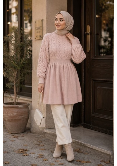 Maşuka Kadın Örgü Desenli Şık Triko Tunik - Elbise Pudra Pembe Pudra Pembe