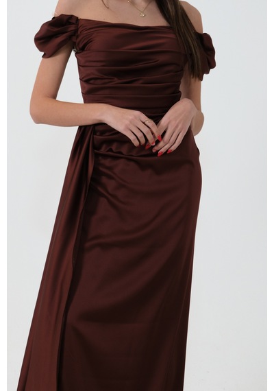 Feminist Kahve Drape Detaylı Saten Kumaş Abiye Elbise 9704858 Kahverengi