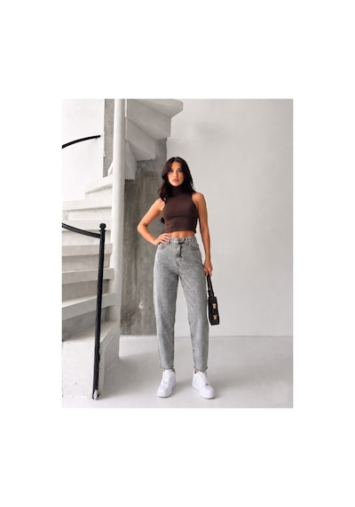 Kene Jeans Gri Kar Paça Kesik Taşlı Mom Denim Pantolon Gri Kar
