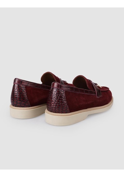 %100 Hakiki Deri Bordo Süet Kadın Loafer Bordo