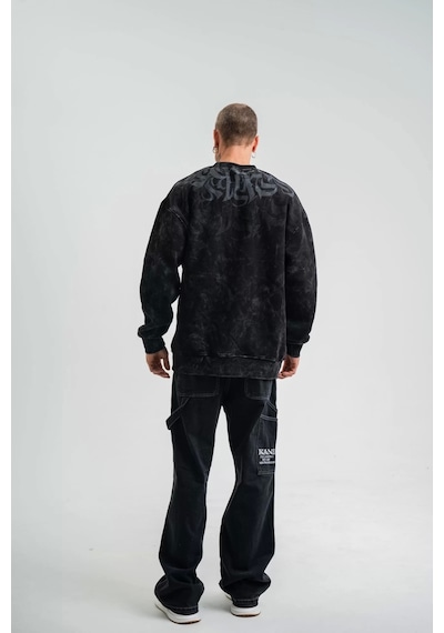 Unisex Uzun Kol Bisiklet Yaka Yıkamalı Sweatshirt - Siyah