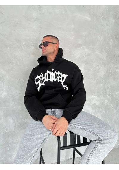 Veraura Lifestyle Unisex Üç İplik Kapşonlu Baskılı Sweatshirt - Siyah