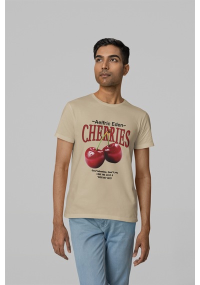 Nevermind Unisex Erkek/kadın Cherrıes Özel Baskılı Oversize Pamuklu Bisikle Bej