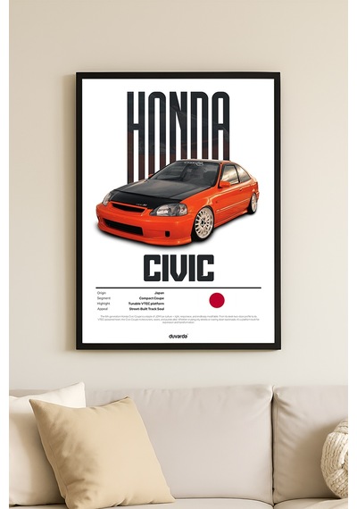 Honda Civic Araba Siyah Ahşap Çerçeveli Poster, Dekoratif Duvar Tablosu