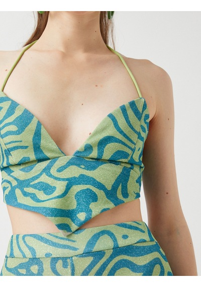 Koton Crop Abiye Bluz Askılı V Yaka Yeşil Desenli 2sak60053fk Yeşil Desenli