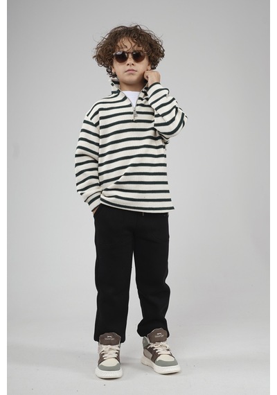 King-Brich Kingbrich Kids Oversize Kalıp Çizgili Yakası Fermuarlı Sweatshirt Yeşil