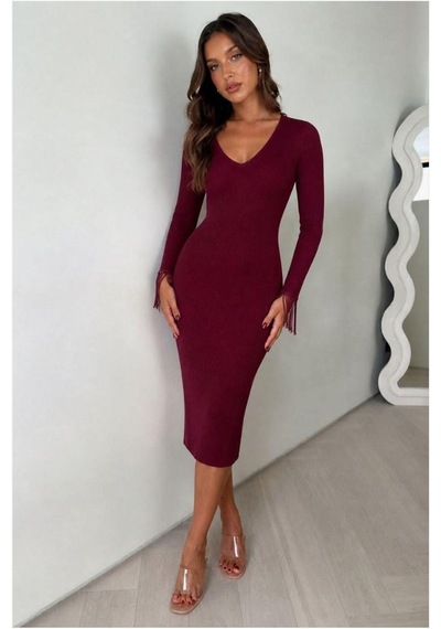 DefyModa Kadın Şık Detay V Yaka Midi Uzun Kollu Abiye Elbise Bordo