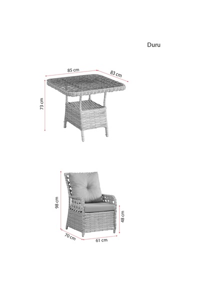 Duru 4 Kişilik Rattan Bahçe Balkon Mutfak Masa Takımı Gri