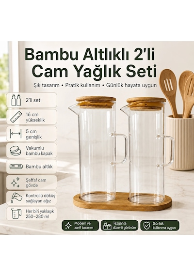 Bambu Altlıklı 2'li Cam Yağlık Seti Çok Renkli