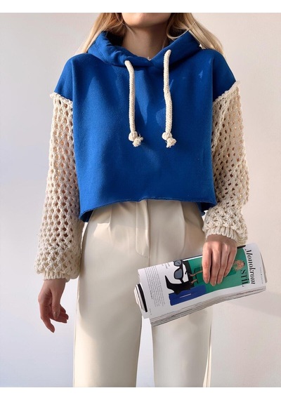 Mamayaga Kadın Kolları Triko Tasarım 3 İplik Uzun Kol Pamuk Crop Boy Şık Sweatshirt Mavi