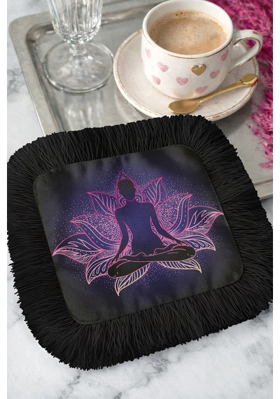 Lotus Mandala Aura Saçaklı Sunum Peçetesi - Meditasyon Temalı Bohem Mor Siyah Bardak Altlığı Mendil Çok Renkli