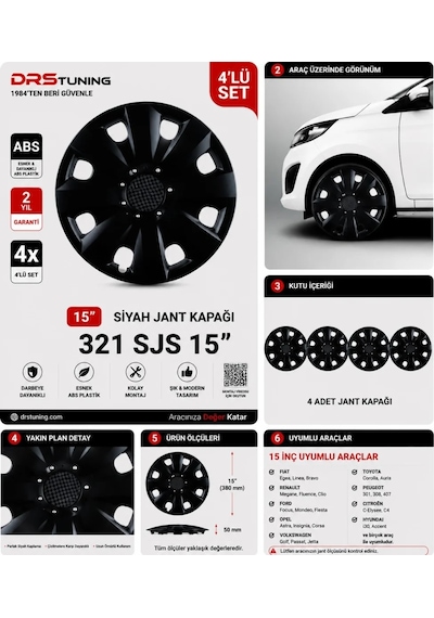Alfa Romeo Uyumlu 15 Inç Kırılmaz Parlak Siyah Jant Kapağı 1 Takım 4 Adet No:321