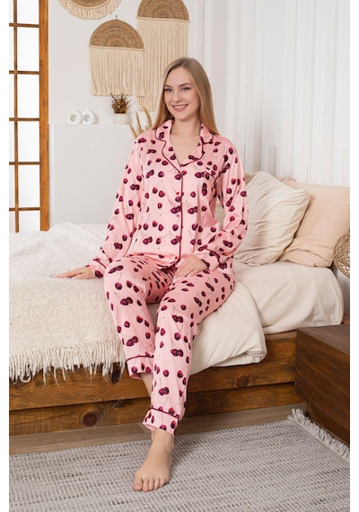 Lüks Saten Pijama Takımı Düğmeli, Cepli Ve Arabiyeli Turuncu
