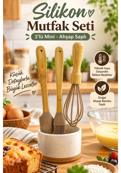 Silikon Mutfak Seti - 3 Lü Mini - Ahşap Saplı Çok Renkli