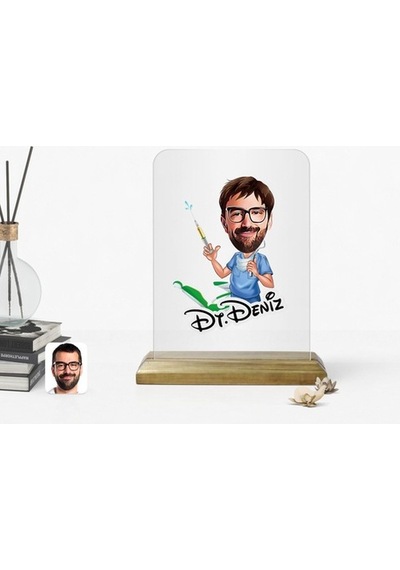 Kişiye Özel Erkek Diş Hekimi Karikatürlü Ahşap Standlı Çerçeve-4