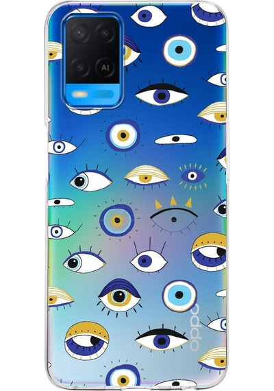 Oppo A54 İle Uyumlu 1mm Slim Fit Nazar Boncuğu 2 Baskılı Şeffaf Kılıf Şeffaf