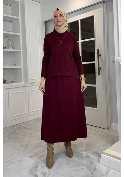 Rabia Şamlı Kumsal Triko Takım Bordo Normal