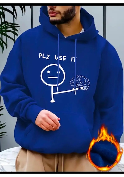 Medinenur Plz Use It Baskılı Kapüşonlu Sweatshirt Mavi