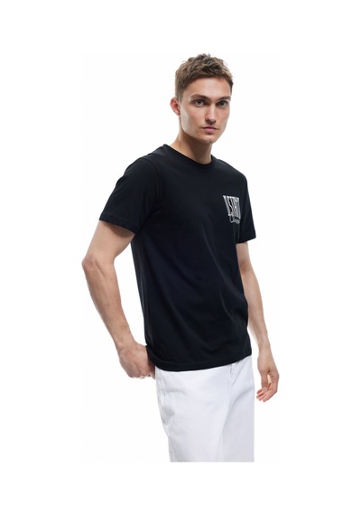 Koton Kısa Kollu Bisiklet Yaka Regular Fit Pamuklu Baskılı Tişört Siyah 6wam10015hk Siyah