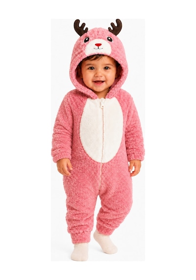 Tatlı Geyik Desenli Welsoft Bebek Tulumu Kapüşonlu Peluş Fermuarlı Kışlık Unisex Bebek Tulumu Gül Kurusu