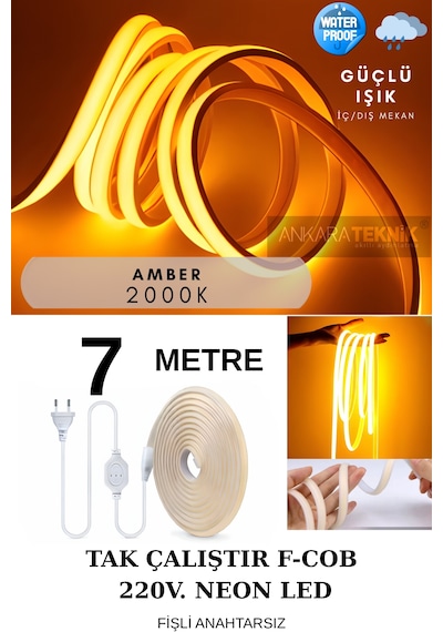 Ankara Teknik 220 Volt Cob Neon Led F-cob Led Yüksek Lümen Dış-ıç Mekan Amber 7 Metre