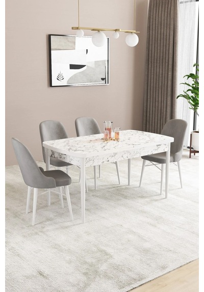 Sar Pakete Almira Serisi, Beyaz Mermer Desen 80x132 Açılabilir Mdf Mutfak Masası Takımı 4 Adet Sandalye Gri Sar Pakete Almira Serisi, Beyaz Mermer Desen 80x132 Açılabilir Mdf Mutfak Masası Takımı 4 Adet Sandalye Gri