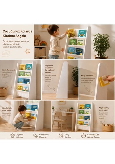 Montessori Çocuk Kitaplığı - Büyük Boy Ahşap Kitap Rafı - Yıkanabilir Paraşüt Kumaş Raflı - Çocuk Odası Kitap Düzenleyici Beyaz