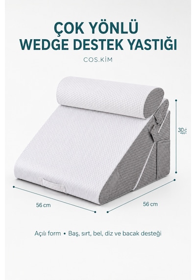 10 İn 1 Çok Yönlü Wedge Destek Yastığı, Sırt Bel Boyun Bacak Destek, Fermuarlı Kılıflı Beyaz