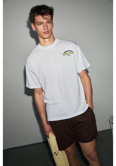 Grımelange Amıdıo Erkek %100 Organik Pamuklu Baskı Detaylı Regular Fit Yuvarlak Yaka Beyaz T-shirt