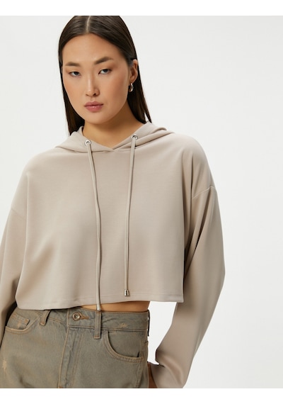 Koton Kapşonlu Crop Sweatshirt Uzun Kollu Bej 4sak10006ek Ekru