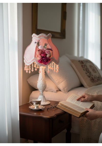 Gül Kurusu Kadife Kaplama Çiçek Ve İnci Detaylı Başlık Metal Beyaz Ayaklı Klasik Abajur 50x30cm Pembe