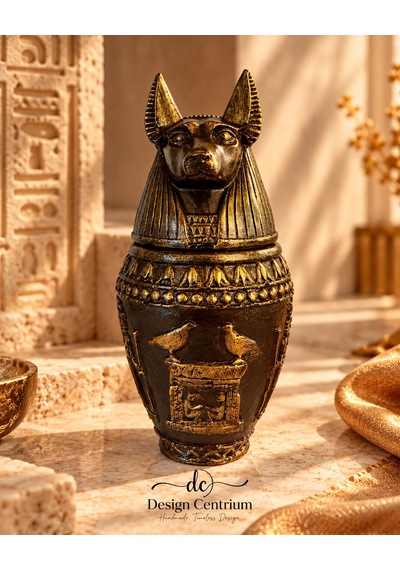 Anubis Antik Mısır Temalı Dekoratif Vazo El Yapımı Bronz Altın Görünümlü Biblo