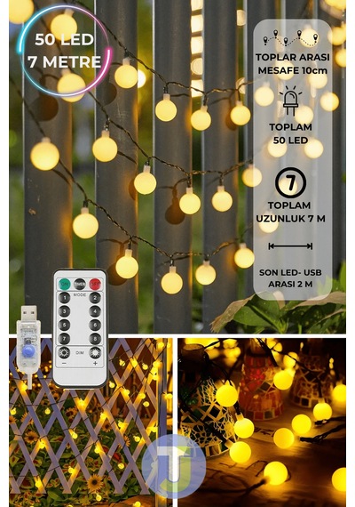 Technojet 50 Top Ledli Usbli Kumandalı 8 Modlu Led Işık Parti Süsleme Organizasyon 8 Metre