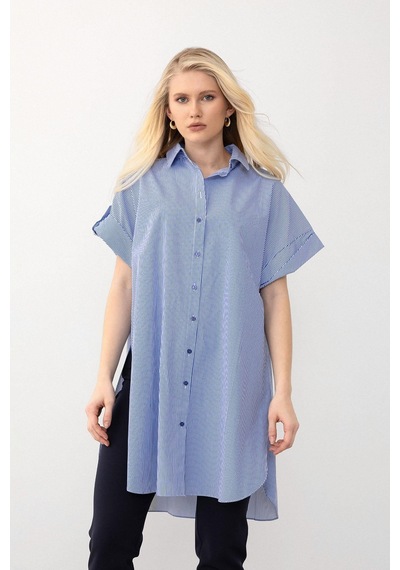 Olcay Yandan Yırtmaçlı Çizgili Poplin Tunik Mavi 9283