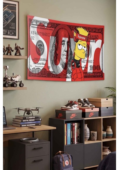 Bart Simpson Supreme 100 Dolar Kırmızı Dekoratif Duvar Örtüsü Duvar Halısı Beyaz