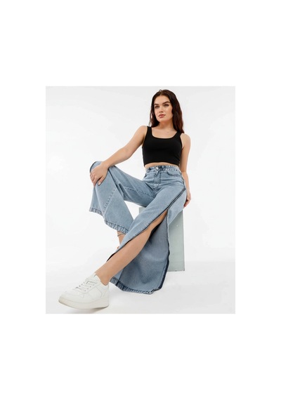 Kene Jeans Yüksek Bel Yan Fermuar Detaylı Buz Kar Bol Paça Jean Buz Kar
