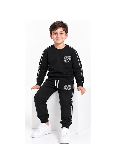 Rony Pony Kids Erkek Çocuk Siyah Kaplan Figürlü %100 Pamuk 3 İplik Şardonsuz Eşofman Takımı Siyah Beyaz
